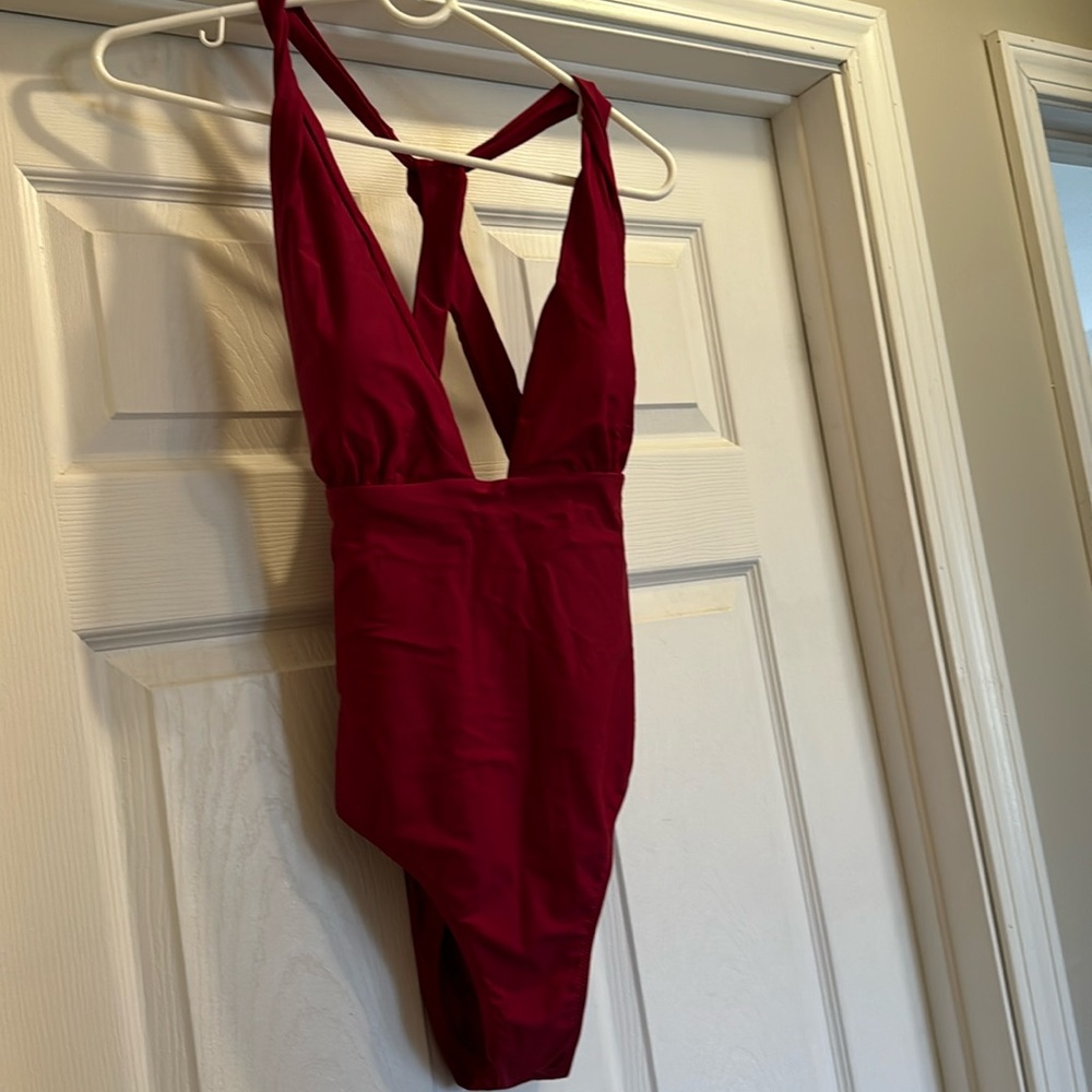 Summersalt red, plunge one piece bathing suit